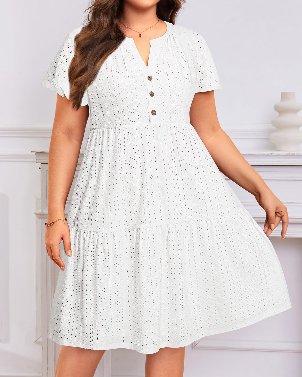 Talisea Plus Size White Dress Eyelet Summer Casual Beach Graduation Short Sleeve Ruffle Tiered Button Boho Sundress Women