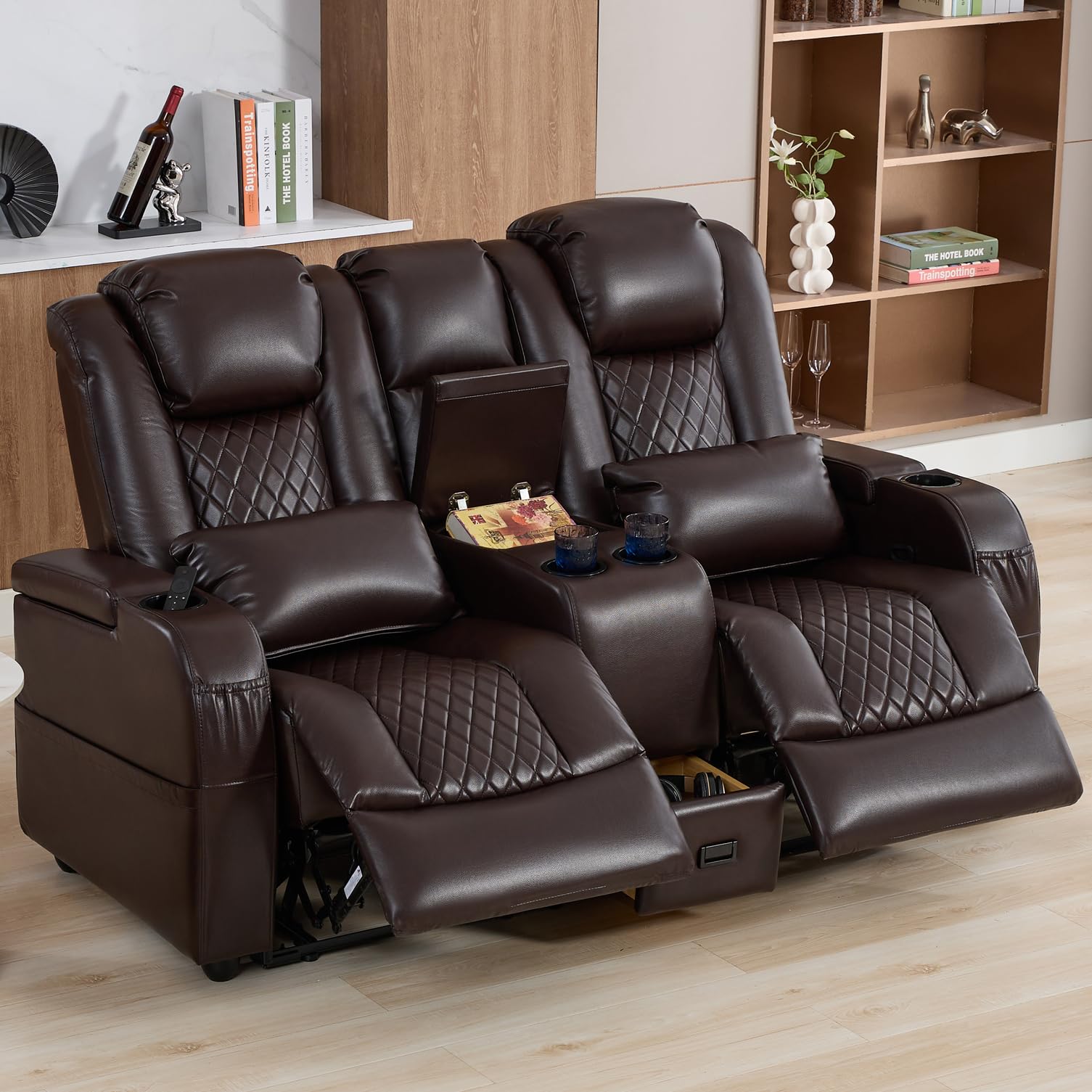 61" RV Loveseat Recliner Sofa, Home Theater Seating with 3 Arms and 2 Pillows, Wall Hugger Recliners & 138° Reclining Couch (Brown PU Leather Furniture)