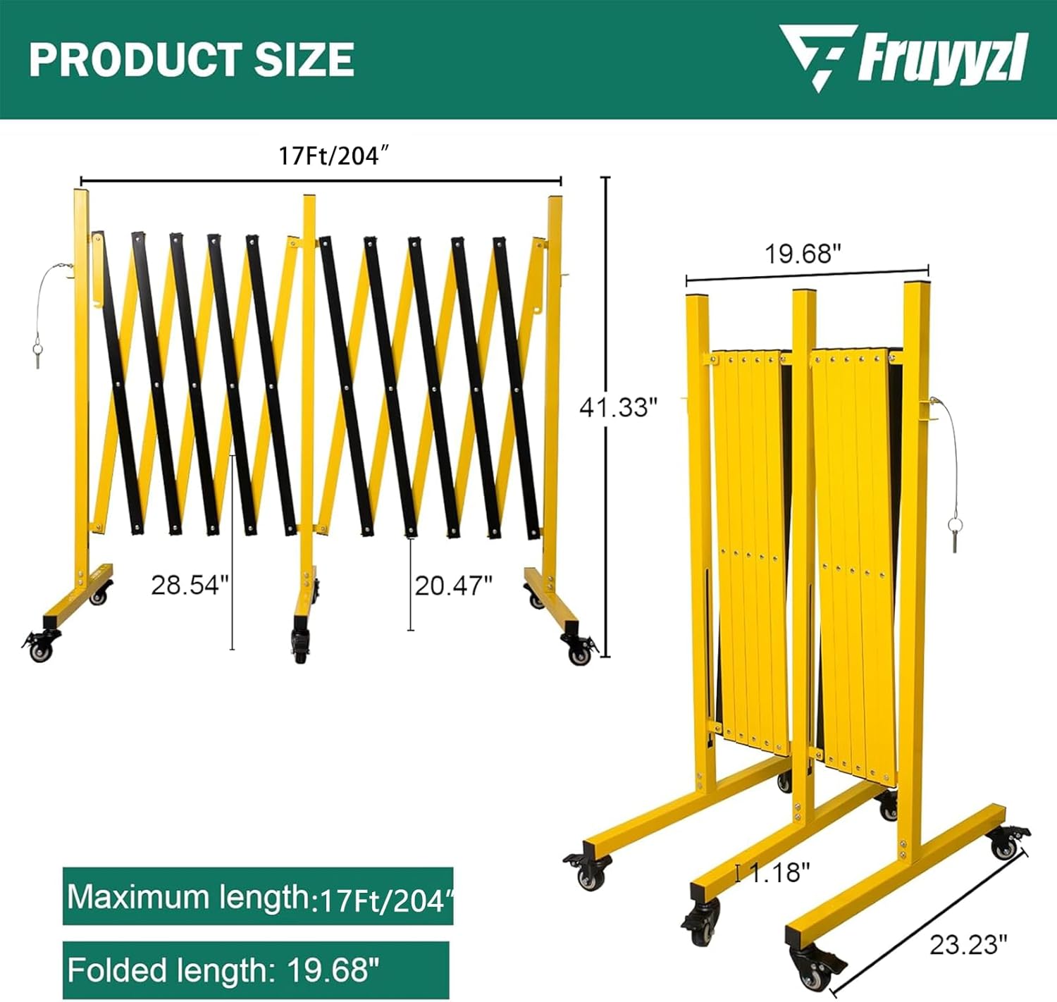 Industrial Expandable Metal Barricade 17 Feet, Yellow and Black Mobile Safety Barrier Gate, Retractable Traffic Fence with Casters, Folding Expandable Barricade for Road Construction, Garage