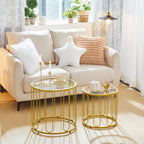 HOOBRO Small Coffee Table Set of 2, Gold Accent End Tables with Metal Frame, Round Coffee Side Table with Tempered Glass Top, for Living Room, Bedroom, Gold GD113BZ01