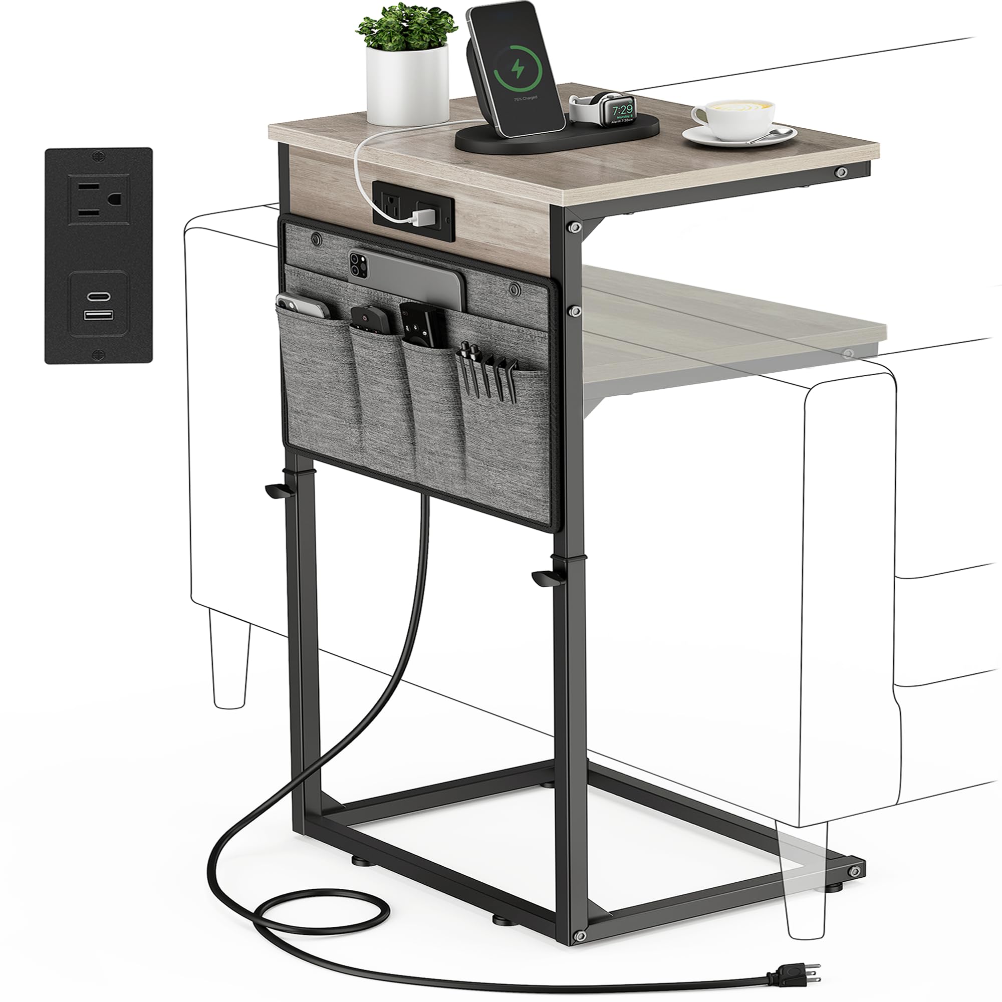 Vagusicc C Shaped End Table with Charging Station, 33" Tall Side Table for Couch, Sofa Table Adjustable Height Small Couch Side C Table, Slide Under Sofa Tray Arm Table for Living Room, Bedroom, Brown