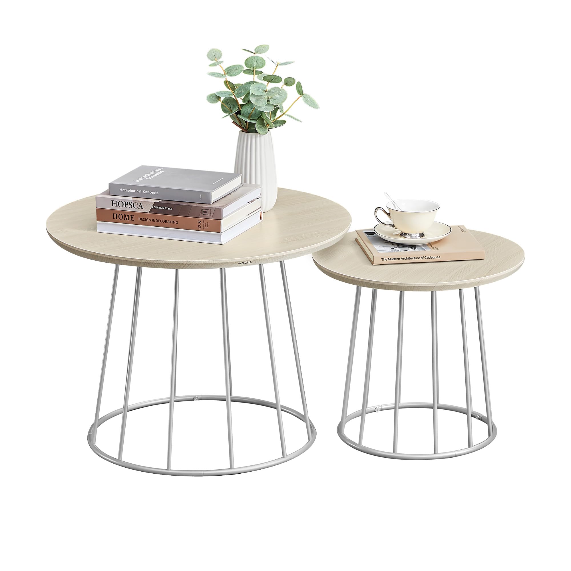VASAGLE Round Coffee Tables, Set of 2, Modern Circle Side Tables with Steel Frame, for Living Room, Bedroom, Rustic Brown ULCT045K01