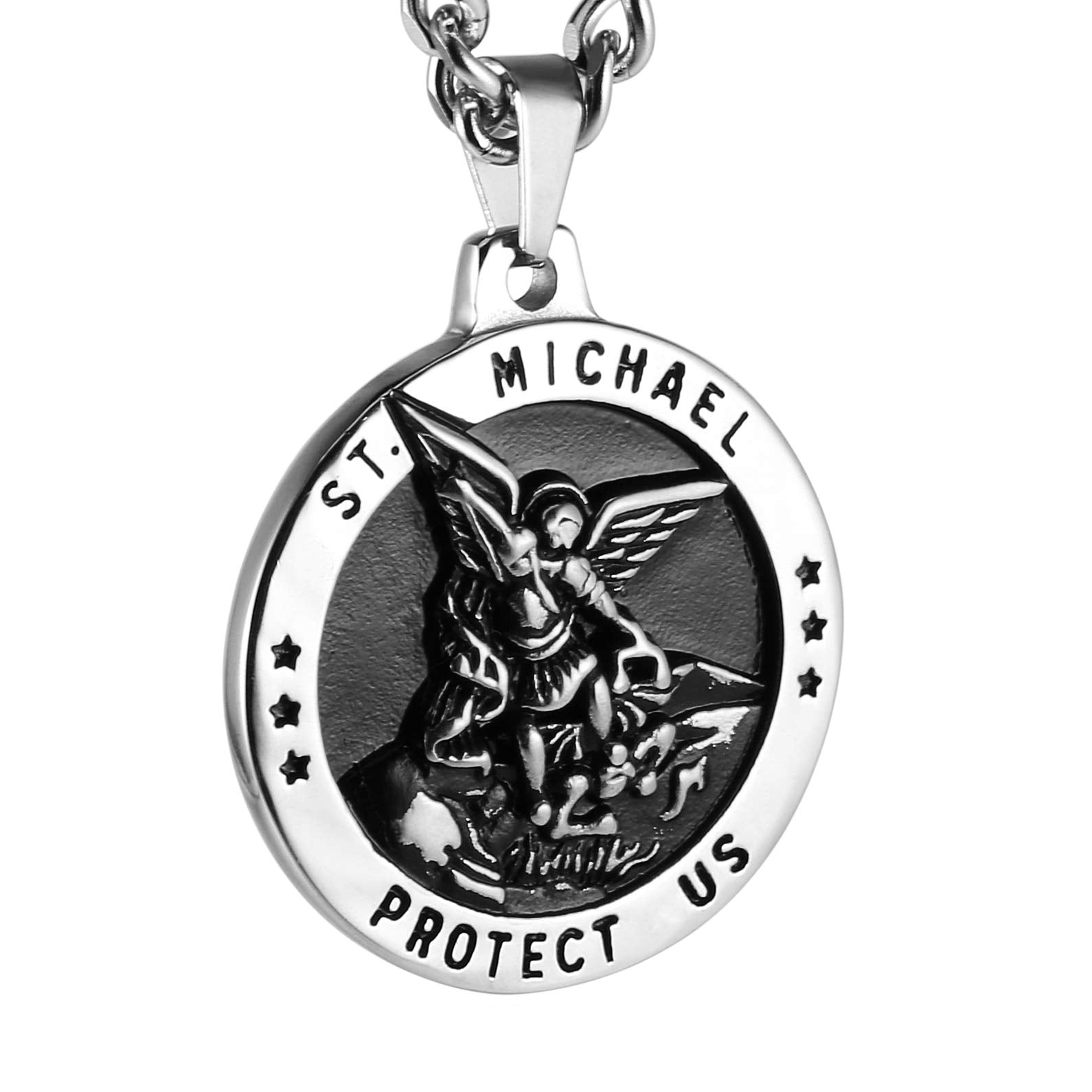 HZMAN St Michael The Archangel Catholic Medal Stainless Steel Amulet Pendant Necklace 22+2" Rolo Curb Chain