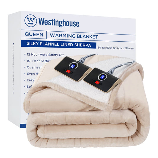 Westinghouse Heated Blanket Queen Size, Soft Flannel to Sherpa Electric Blanket with 10 Heating Levels, 12 Hours Auto Off, Fast Heating Blanket, Machine Washable, 84x90 Inch, Charcoal