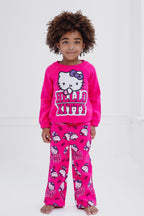 Hello Kitty Big Girls Fleece Boxy Sweatshirt Crop Top and Flare Pants Outfit Set Fuchsia 10-12