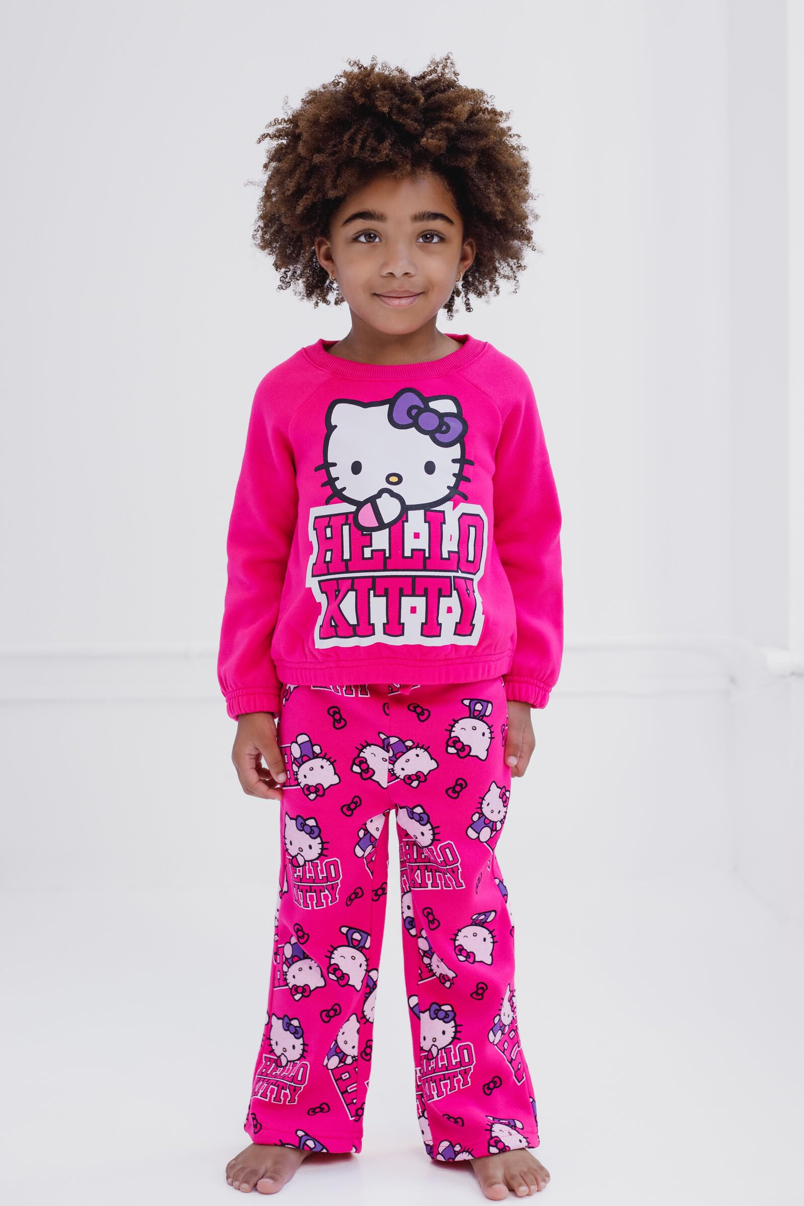 Hello Kitty Big Girls Fleece Boxy Sweatshirt Crop Top and Flare Pants Outfit Set Fuchsia 10-12
