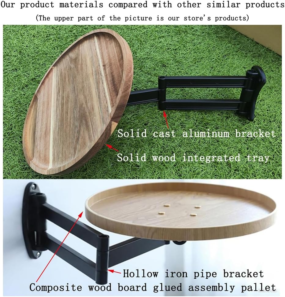 Retractable Wall Mounted Folding Table, Adjustable Sofa Floating Table Balcony Coffee Table, 11.8 Inch Round Wooden Tabletop, Space Saving Design, Adjustable Angle, Acacia Brown (Black)