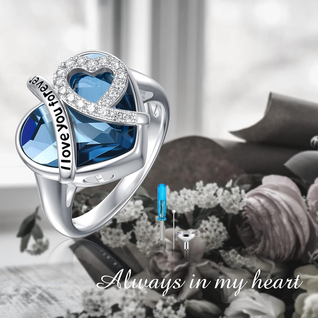 AOBOCO Sterling Silver I LOVE YOU FOREVER Heart Cremation Ring Holds Loved One's Ashes, Heart Urn Ring for Women, Memorial Keepsake Embellished with Austrian Crystals