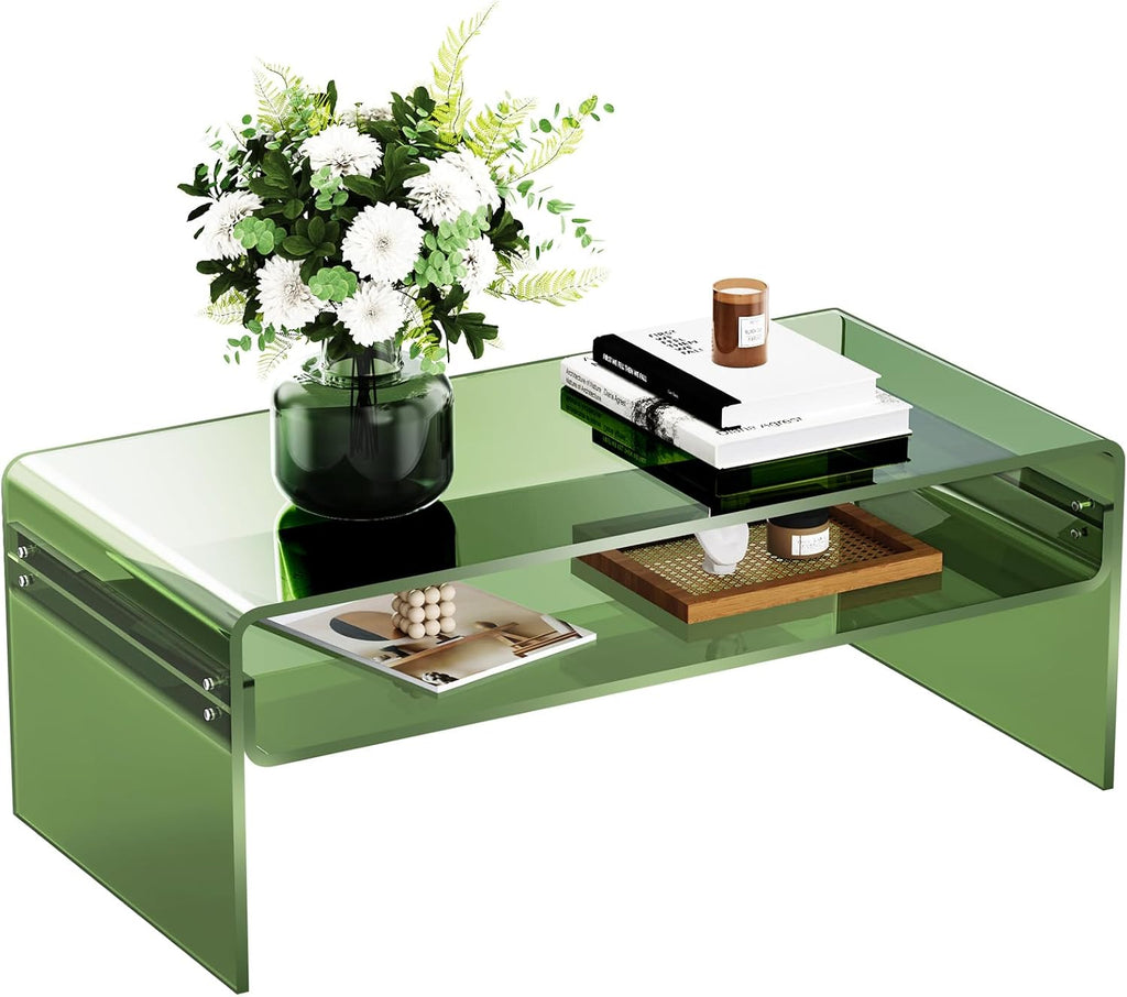 Acrylic Coffee Table for Living Room Clear Rectangle Lucite Table with Open Storage Shelf (1, Green, Large)
