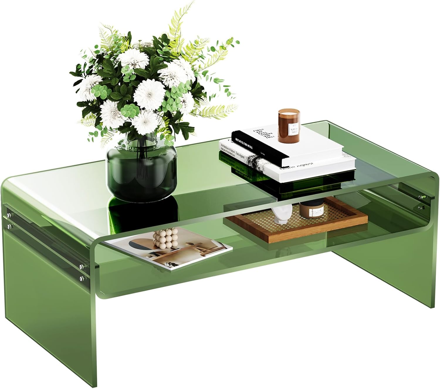 Acrylic Coffee Table for Living Room Clear Rectangle Lucite Table with Open Storage Shelf (1, Green, Large)