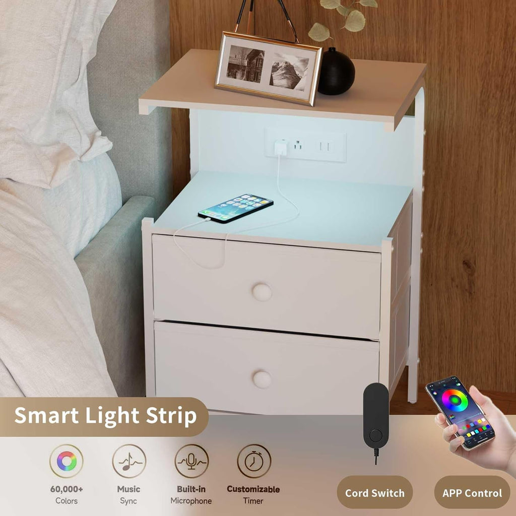 Nightstand with Charging Station and LED Lights, Side Table with 2 Fabric Drawers, Bedroom Nightstand, 3 Tier Storage Coffee Table, Living Room (1, White)