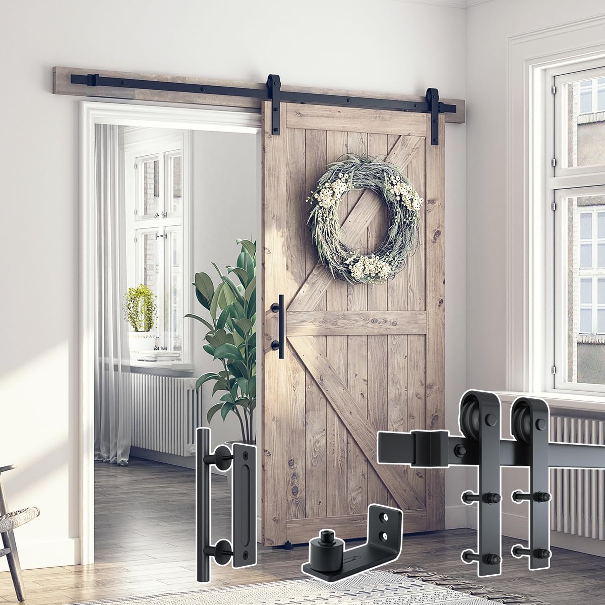 SMARTSTANDARD 6.8FT Sliding Barn Door Hardware Kit (Include 6.8ft Track Kit & Pull Handle Set & Floor Guide), Smoothly and Quietly, Easy to Install, Fit 36"-40" Wide Door Panel (J Shape) - Grand Goldman