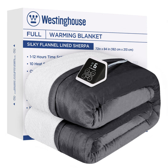 Westinghouse Heated Blanket Queen Size, Soft Flannel to Sherpa Electric Blanket with 10 Heating Levels, 12 Hours Auto Off, Fast Heating Blanket, Machine Washable, 84x90 Inch, Charcoal