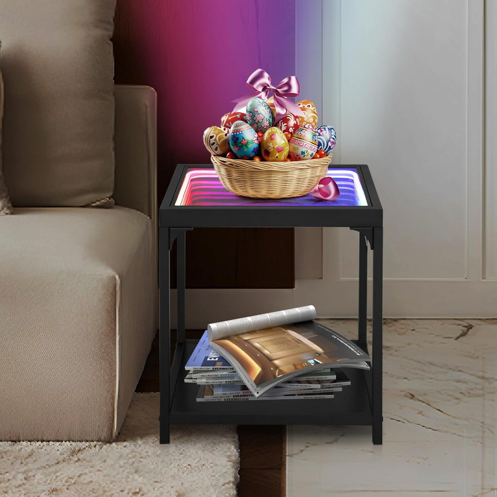 Infinity Mirror Light Table, Coffee Tables for Living Room, with 3D Infinity Illusion Mirror, RGB Side Table, with Tunnel Light, with Futuristic Decor, for Bedroom, Party