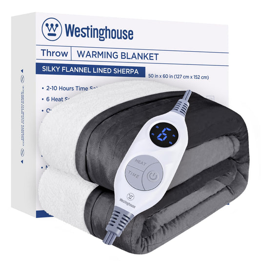 Westinghouse Heated Blanket Queen Size, Soft Flannel to Sherpa Electric Blanket with 10 Heating Levels, 12 Hours Auto Off, Fast Heating Blanket, Machine Washable, 84x90 Inch, Charcoal