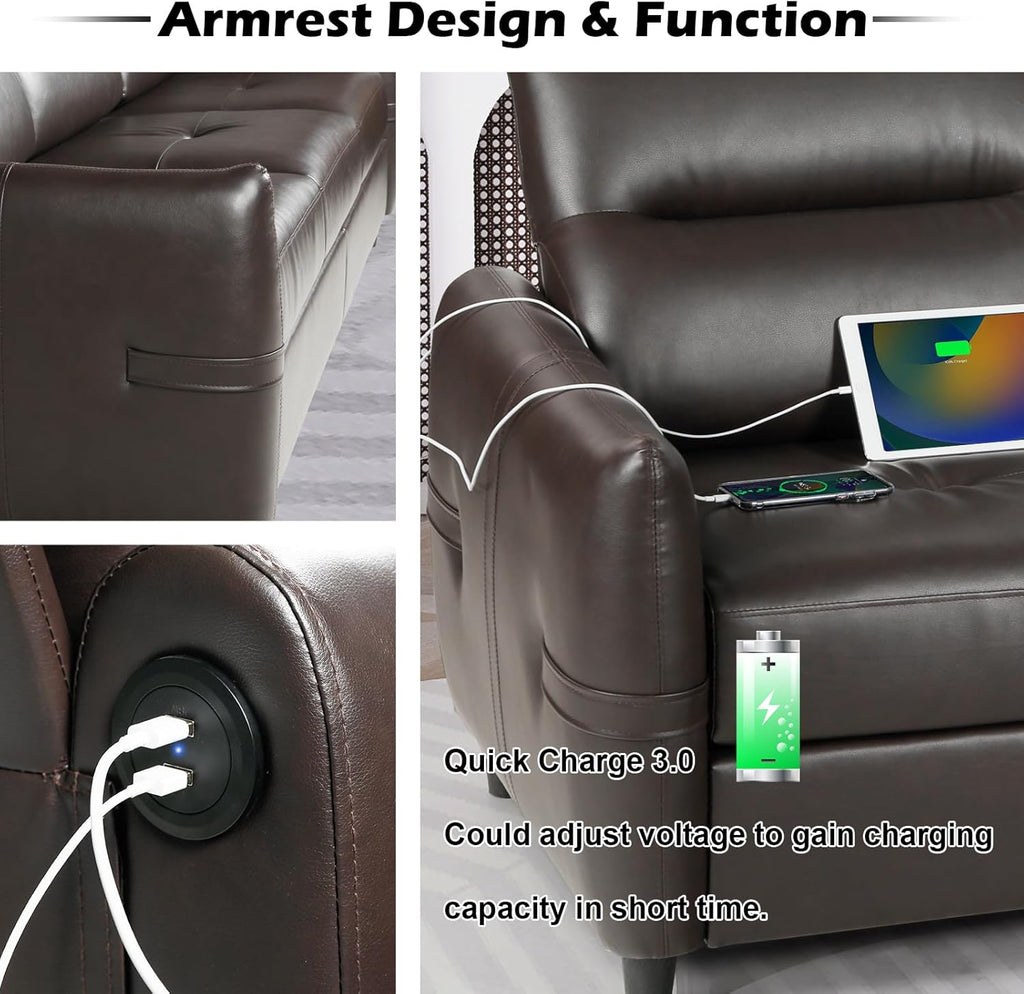 STHOUYN 85” Faux Leather Sofa Brown Leather Couch with USB, Mid Century Modern 3 Seater Couches Sofas Living Room Apartment, Large Office Sofa Couch, Stain Resistant & 3 Tufted Cushion (Brown)