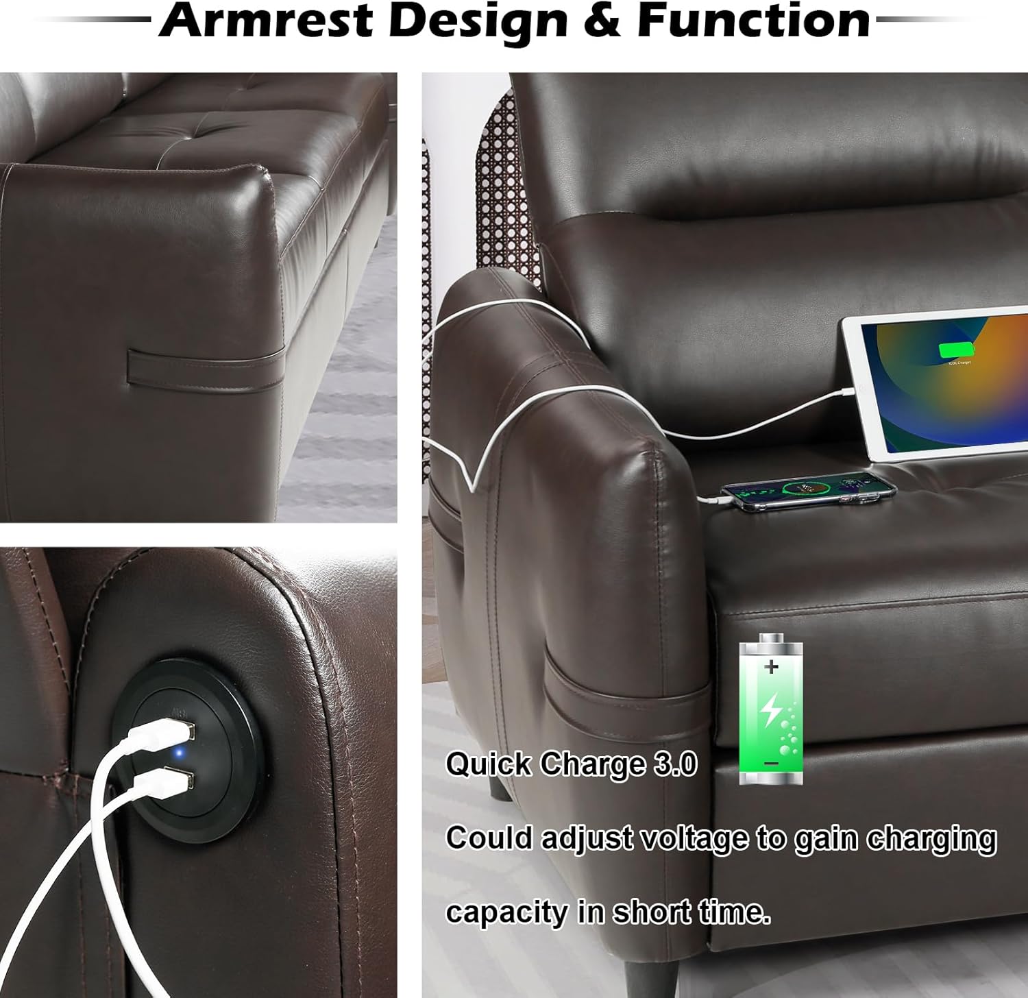 STHOUYN 85” Faux Leather Sofa Brown Leather Couch with USB, Mid Century Modern 3 Seater Couches Sofas Living Room Apartment, Large Office Sofa Couch, Stain Resistant & 3 Tufted Cushion (Brown)