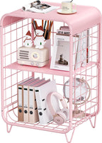 Metal Side Table,Cute Pink Nightstand,3 Tier End Table with Storage,Vintage Bedside Table,Girls Bedroom Furniture,Accent Table,Small Coffee Table for Living Room,Bedroom,Dorm