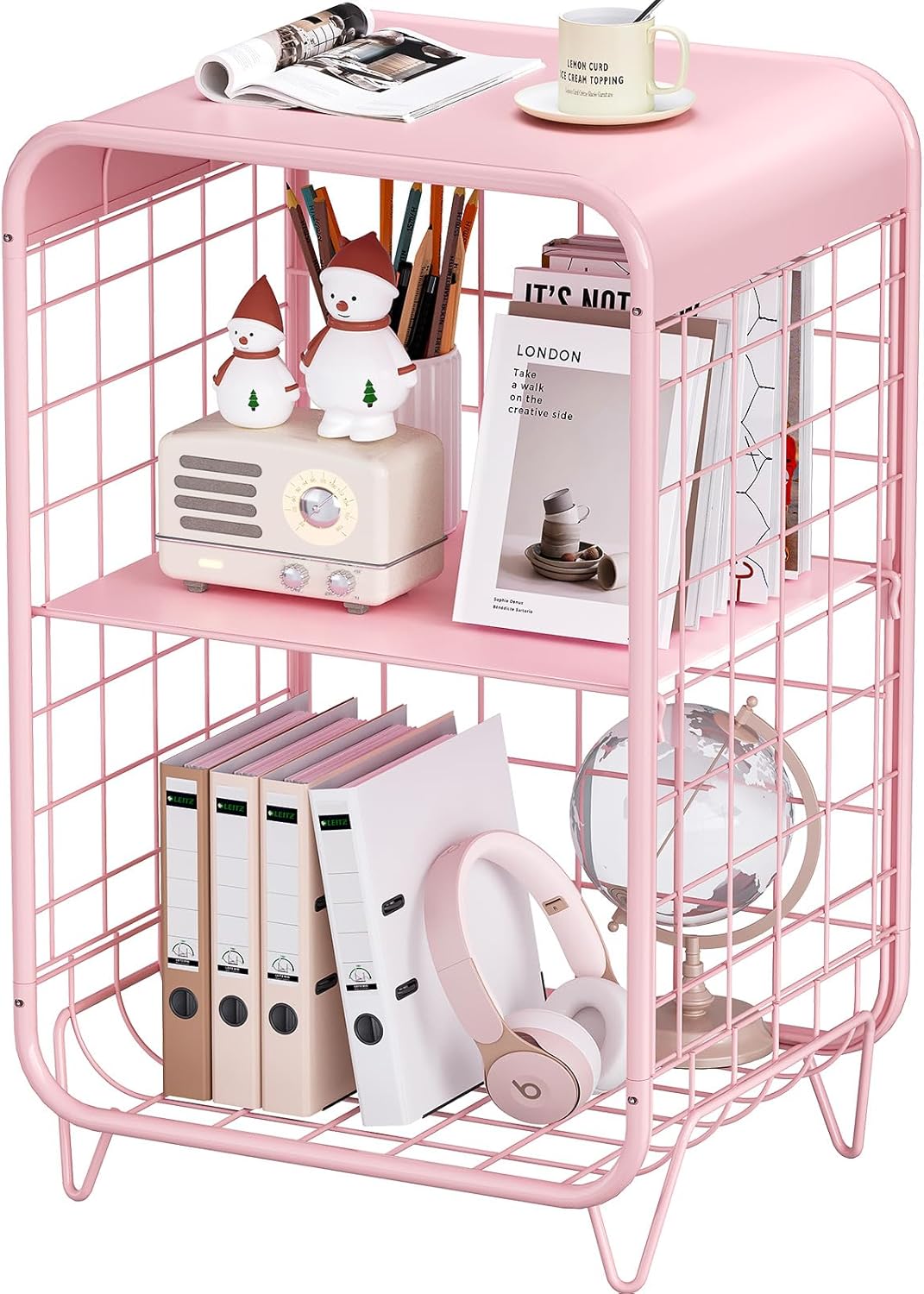 Metal Side Table,Cute Pink Nightstand,3 Tier End Table with Storage,Vintage Bedside Table,Girls Bedroom Furniture,Accent Table,Small Coffee Table for Living Room,Bedroom,Dorm