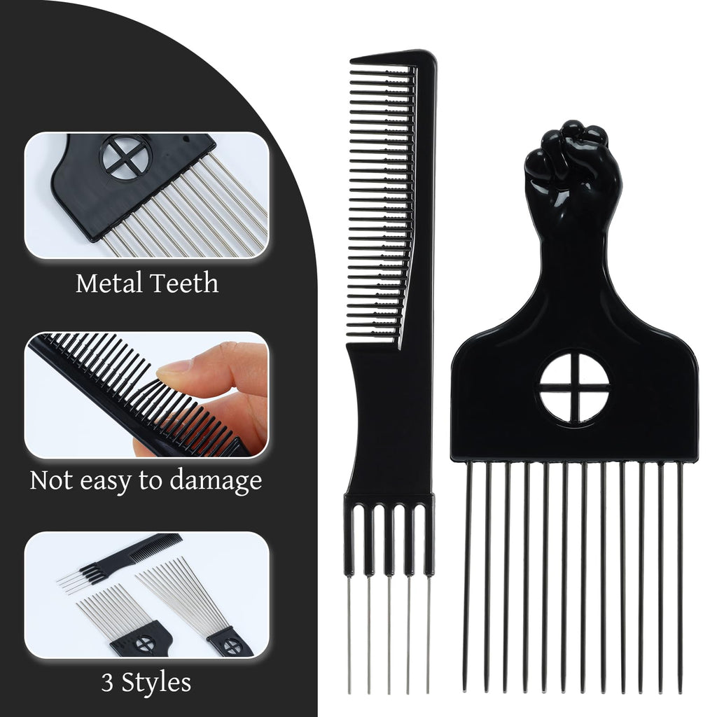 Afro Hair Pick for Men Hair Comb with Metal Pick for Afro Hair Wide Tooth Comb for Hair styling Afro Pick for Women Styling Comb Styling Tool for Natural Curly Hair Beard, 3PCS