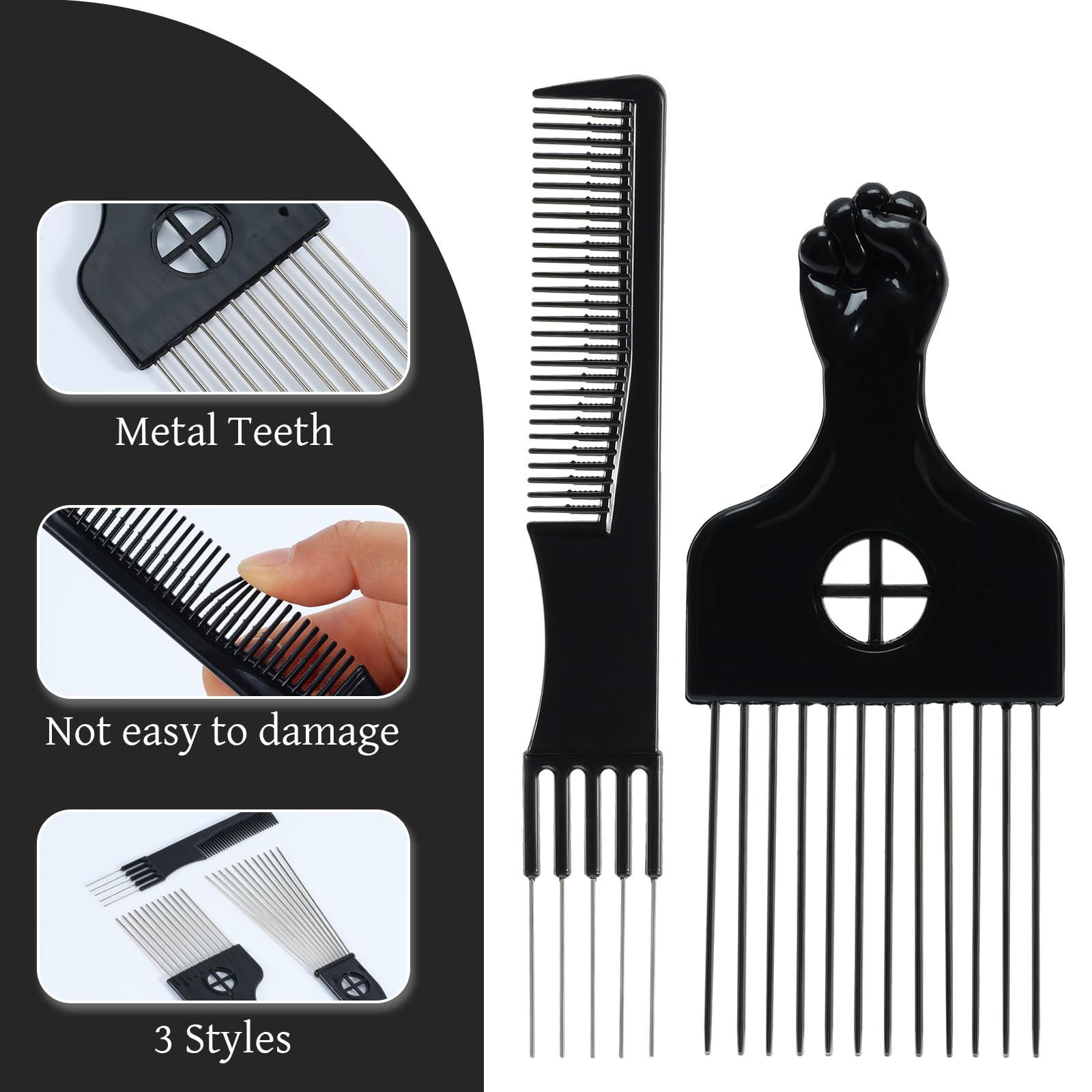 Afro Hair Pick for Men Hair Comb with Metal Pick for Afro Hair Wide Tooth Comb for Hair styling Afro Pick for Women Styling Comb Styling Tool for Natural Curly Hair Beard, 3PCS