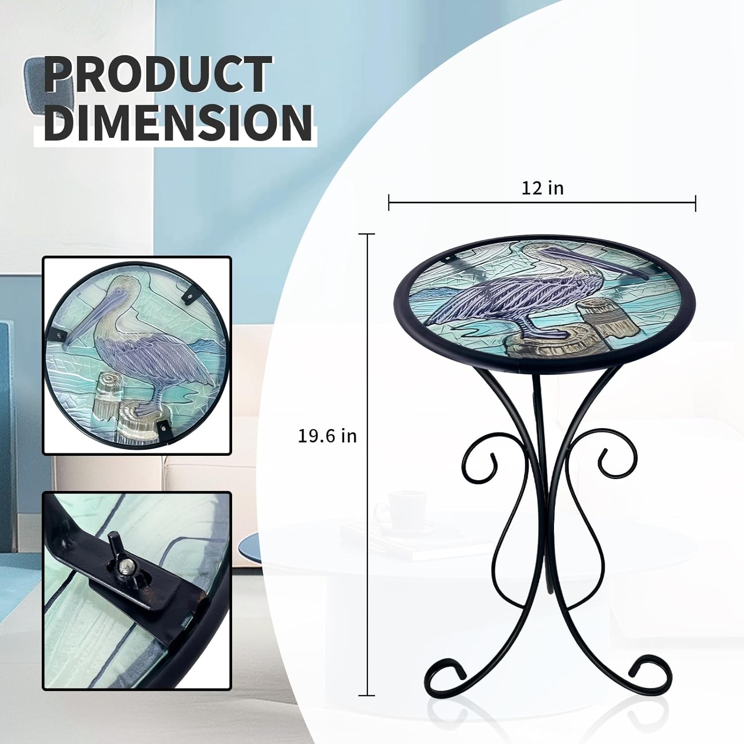 HONGLAND Outdoor Side Table, Small Outdoor Table, 12" Round Patio Side Table End Table, Glass Plant Stand, Small Bistro Coffee Table for Garden Patio Porch Living Room (Pelican)