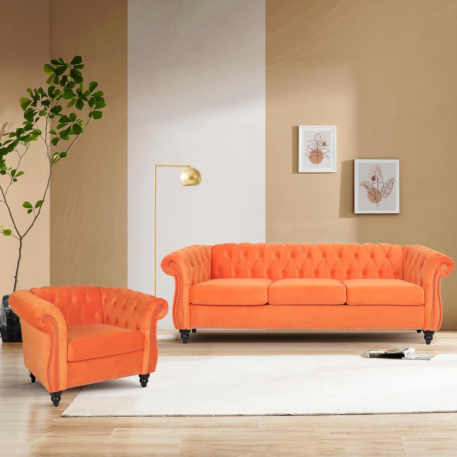 Home Sofa Living Room Furniture, 3 Seater 84" Velvet Upholstered Couch, Mid Century Modern Comfy Couch with Cushions, Classic Tufted Chesterfield Couches for Bedroom, Office, Apartment (Orange)