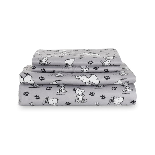 Berkshire Blanket Peanuts® Kids Sheet Set, Full Size - 4 Pieces, Peanuts® Mini Poses and Paws Grey, Cute Character Snoopy Printed Soft Microfiber Bed Sheets