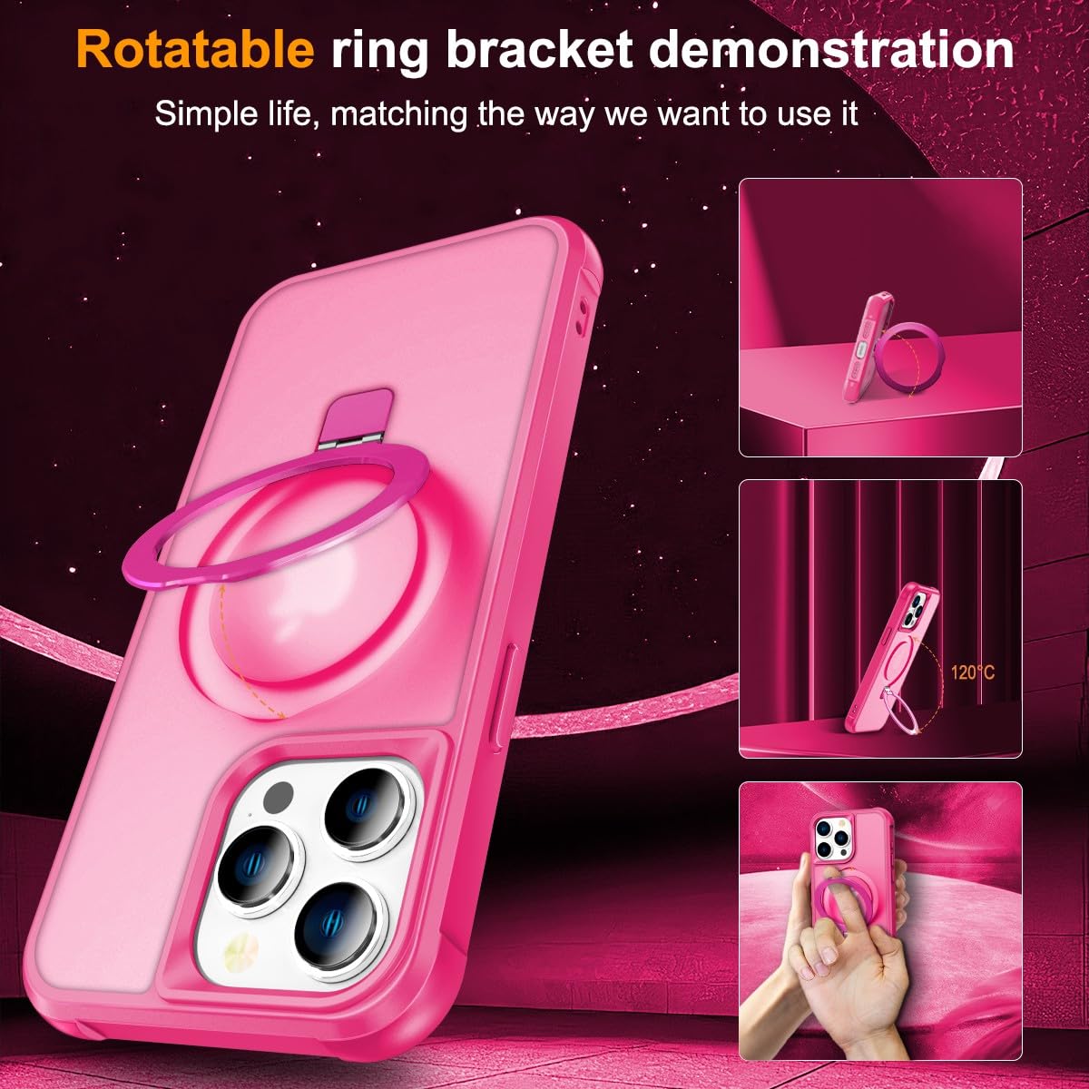 CHAOFEnG マグネット対応 iPhone 13 Pro Max ケース スタンド付き [軍用グレード落下テスト済み][マグネット対応] リング 透明 スリム ハードバック ソフトエッジ、ローズレッド