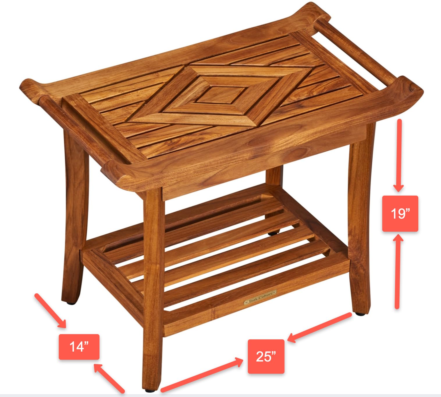 Luxury Teak Shower Bench Stool Seat Chair with Leveling Feet, Waterproof, Teak Oil Finish, Large, 25x19x14, for Bathroom, Spa, Sauna, Pool Deck, Patio, Garden, RV, from Our Diamond Collection