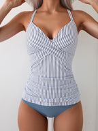 B2prity Women's Ruched Tankini Swimsuits V Neck Wrap Tie Back Two Pieces Swimwear Tummy Control Bathing Suit (Blue Striped)