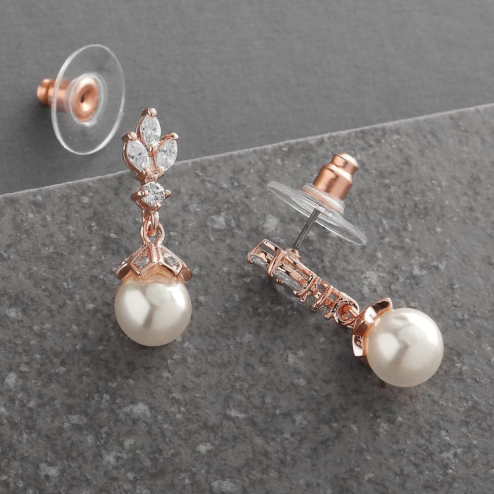 Mariell Pearl Drop Wedding Earrings, 8MM Ivory Shell Pearls, Cubic Zirconia Crystal and Pearl Earrings for Brides, Bridesmaid, Prom and Mother of the Bride