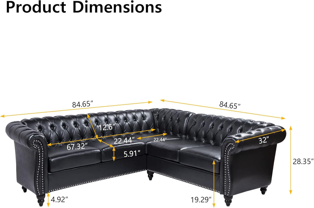 QHITTY L-Shaped Sofa, Sectional Chesterfield Leather Couch 5-Seater Upholstered Small Accent Tufted Sofa with Rolled Armrest and Nailhead Design for Living Room, Apartment, Office (Black)