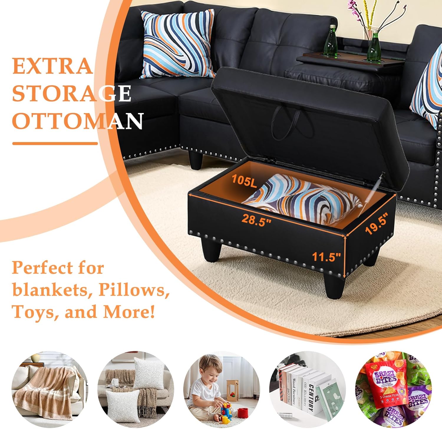 Sectional Sofa Couch, Modern 4-Seaters Living Room Furniture Sets with Chaise Lounge, Ottoman & 2 Pillows | L Shape Couch | Cup Holder | Faux PU Leather, Black