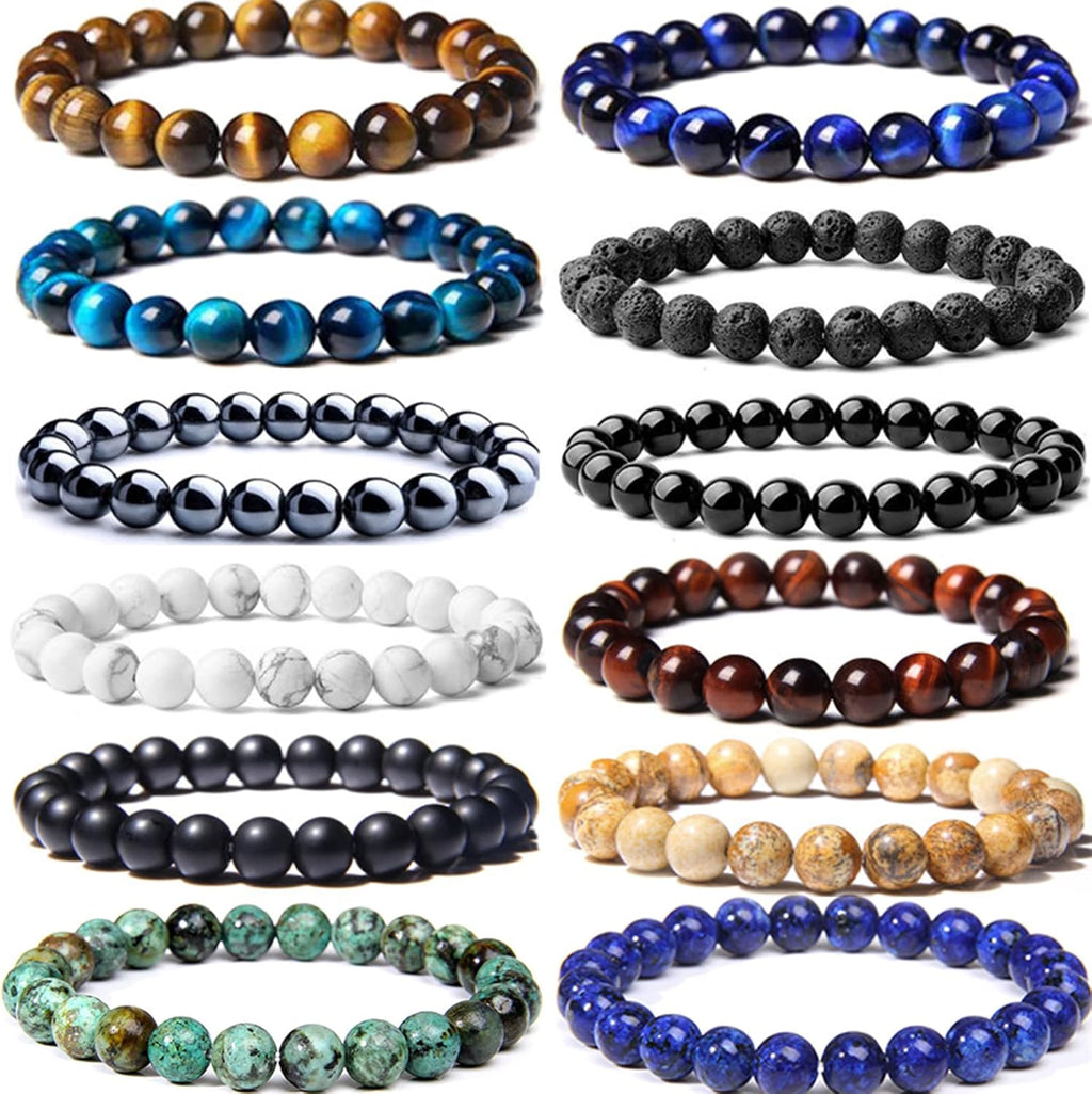 CASDAN 12PCS 8mm Semi-Precious Gemstones Beaded Bracelets for Men Women Tiger Eye Lava Rock Crystal Stone Bead Bracelets Set