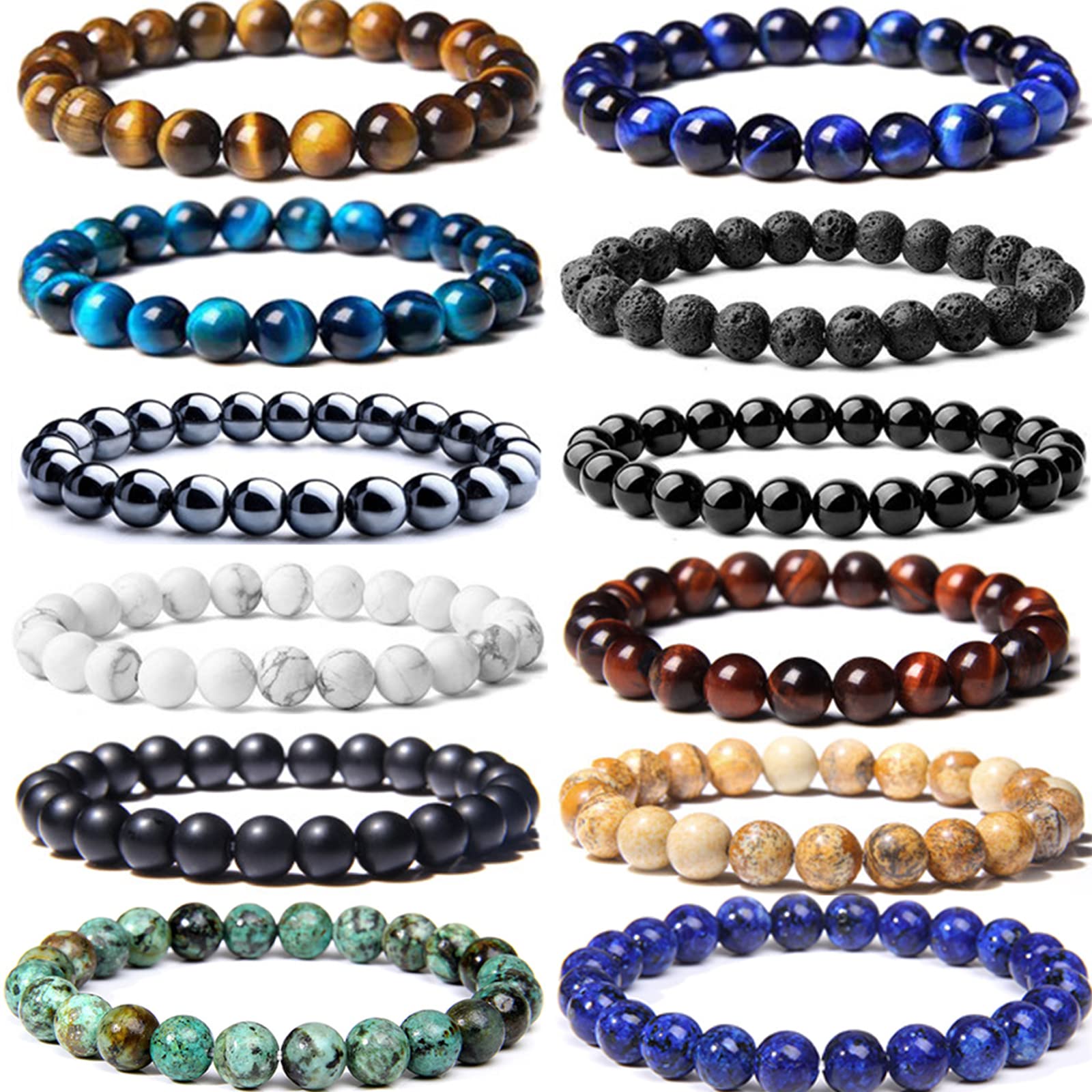 CASDAN 12PCS 8mm Semi-Precious Gemstones Beaded Bracelets for Men Women Tiger Eye Lava Rock Crystal Stone Bead Bracelets Set