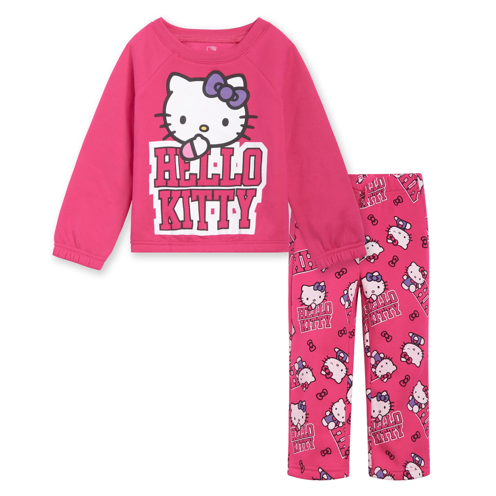 Hello Kitty Big Girls Fleece Boxy Sweatshirt Crop Top and Flare Pants Outfit Set Fuchsia 10-12