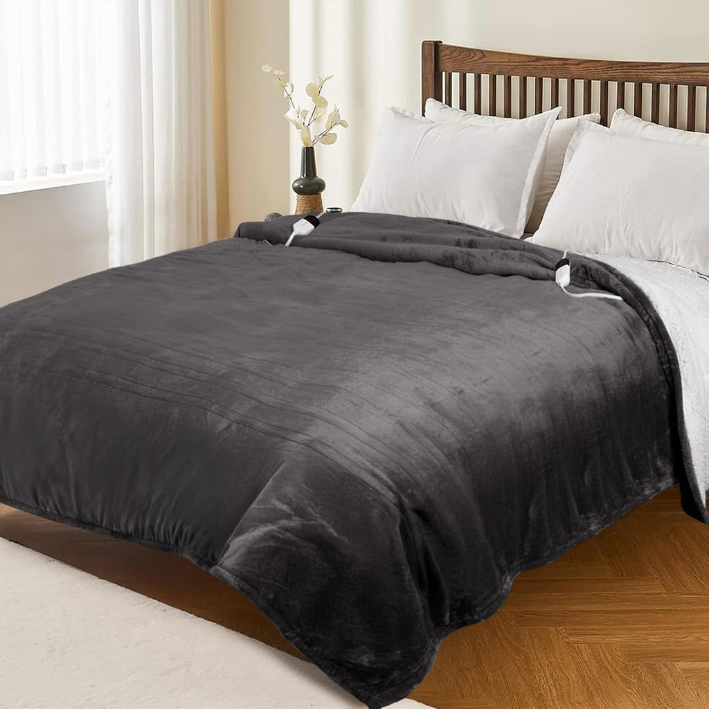 HOW'S MY HOUSE Heated Blanket 84" x 90", Dual Control Electric Blanket Queen Size with 10 Time Settings & 6 Heating Levels, Over-Heat Protection, Flannel Sherpa Super Cozy with ETL Certification, Gray