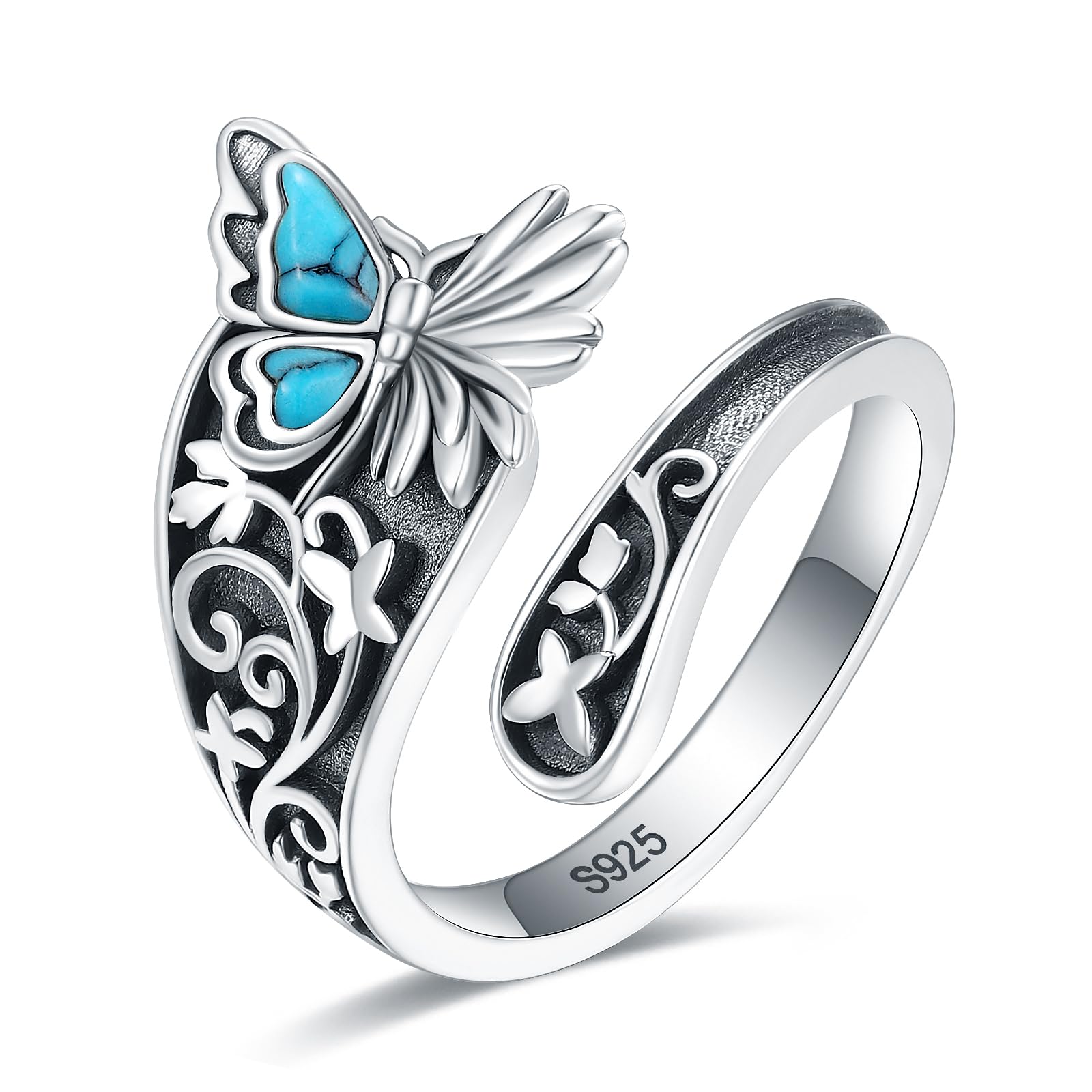 S925-Sterling-Silver Turquoise Dragonfly/Butterfly Spoon Ring - Vintage Boho Sunflower Thumb Rings Oxidized Wrap Ring Victorian Style Antique Floral Jewelry Gifts for Women