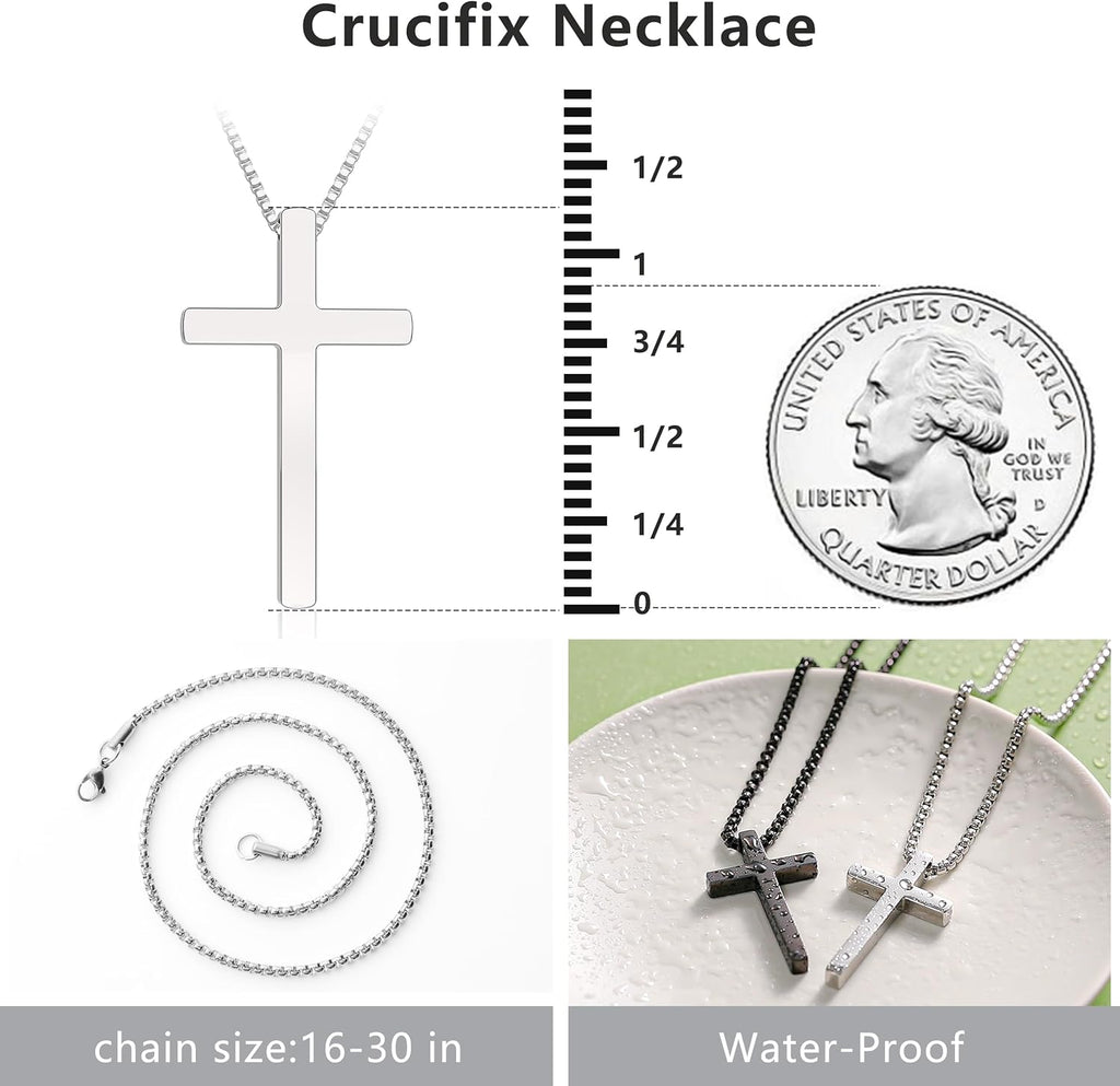 Romass 2 Pcs Cross Necklace for Men,Stainless Steel Pendant Silver Black Crosses Chain Jewelry Gifts Box 16-30 inches