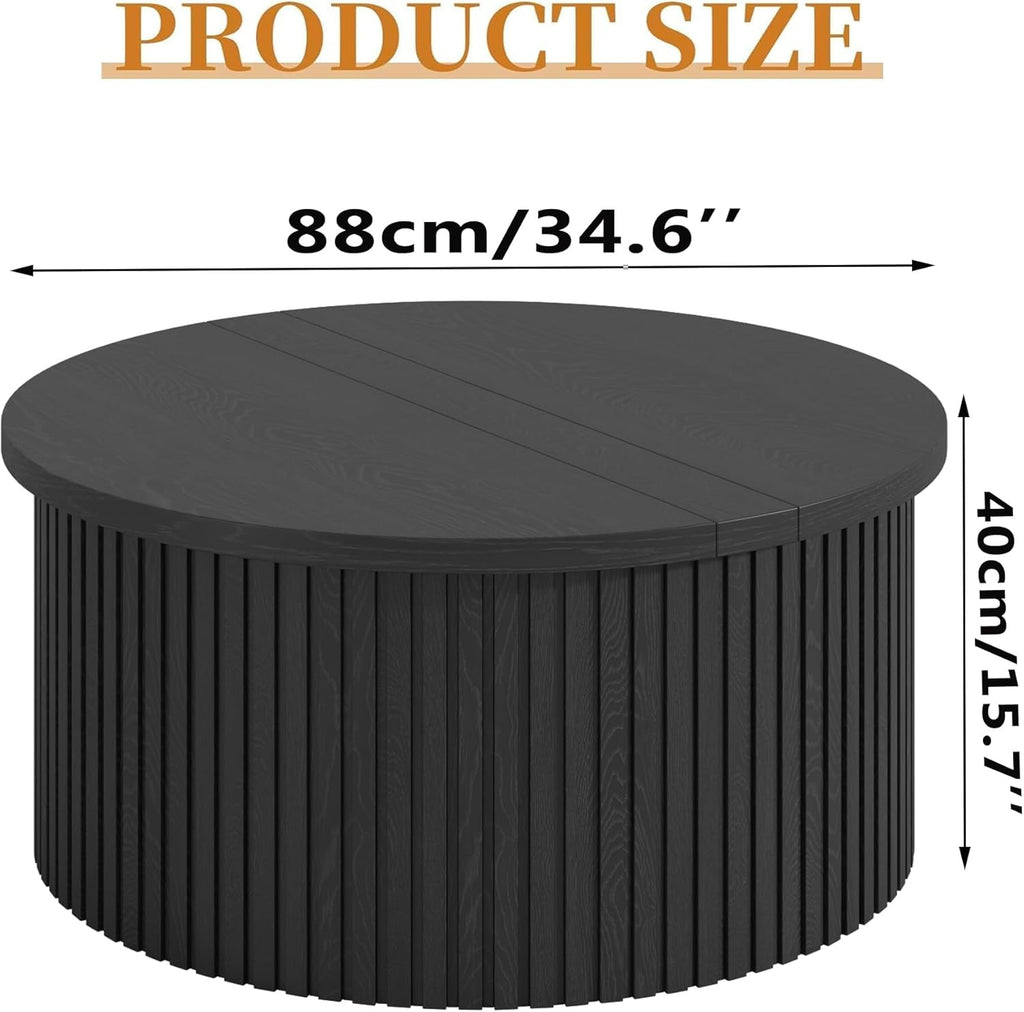 Lift Top Coffee Table with Storage, Round Coffee Tables for Living Room, 34.6In Farmhouse Fluted Coffee Table, Wood Center Table with Large Hiddern Storage Compartment (Black)