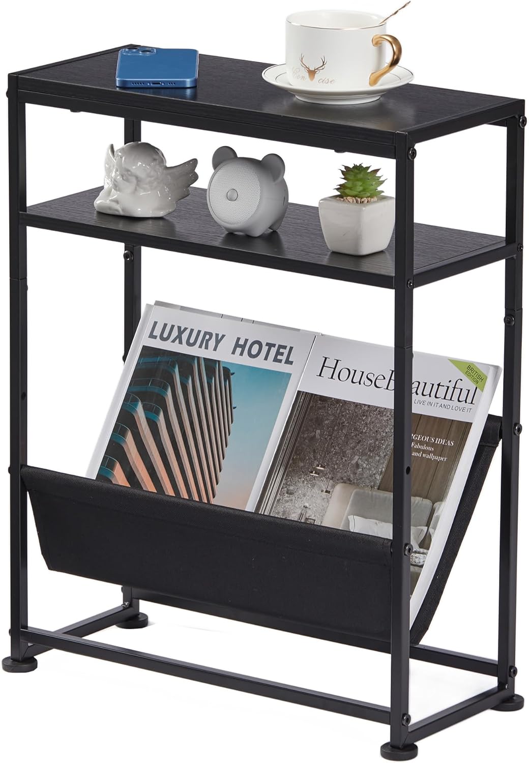 Narrow End Table for Small Spaces - Slim Side Table with Magazine Holder,2 in 1 Design Narrow Coffee Table Living Room,Skinny Bedroom Nightstand Thin Side Magazine Table,Black