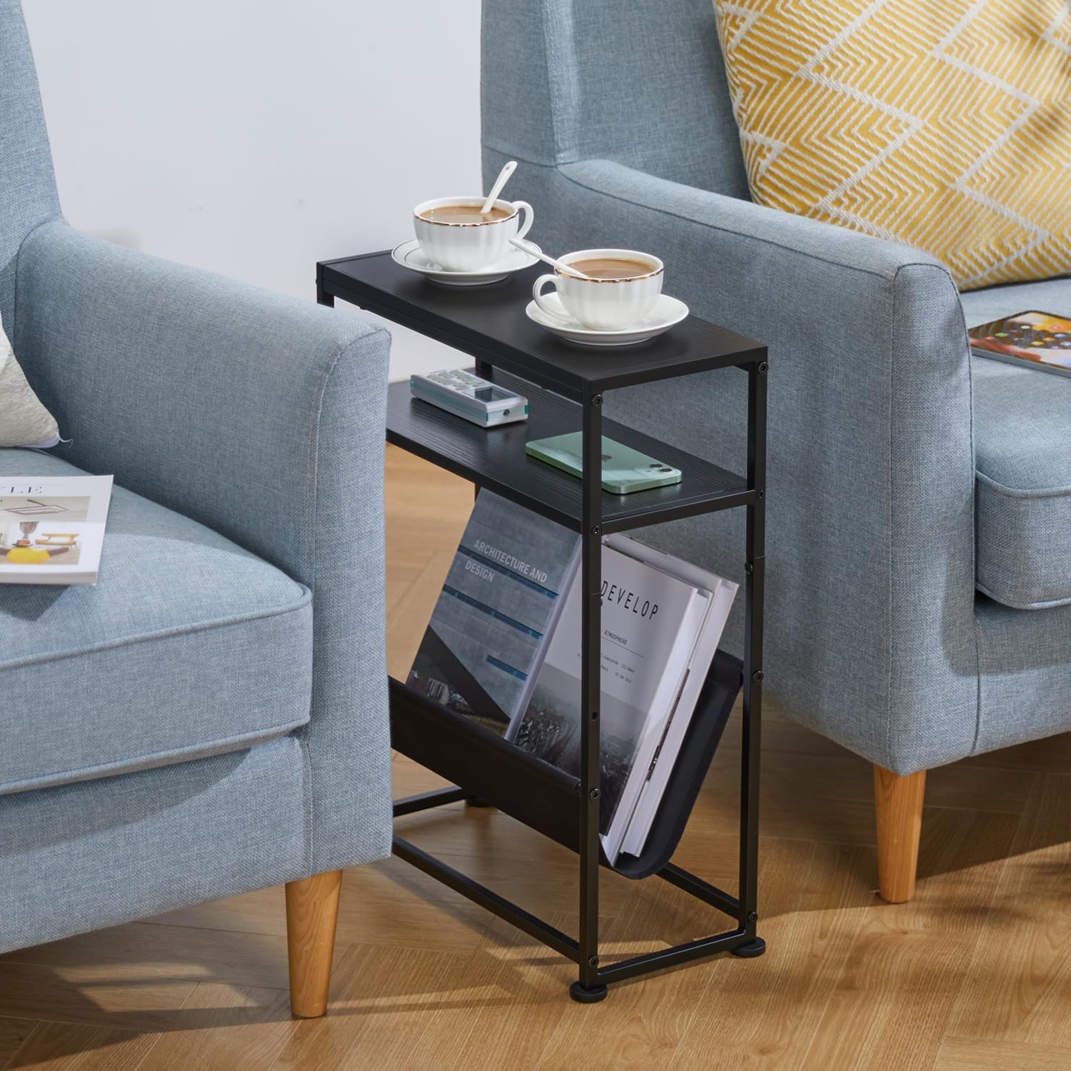 Narrow End Table for Small Spaces - Slim Side Table with Magazine Holder,2 in 1 Design Narrow Coffee Table Living Room,Skinny Bedroom Nightstand Thin Side Magazine Table,Black