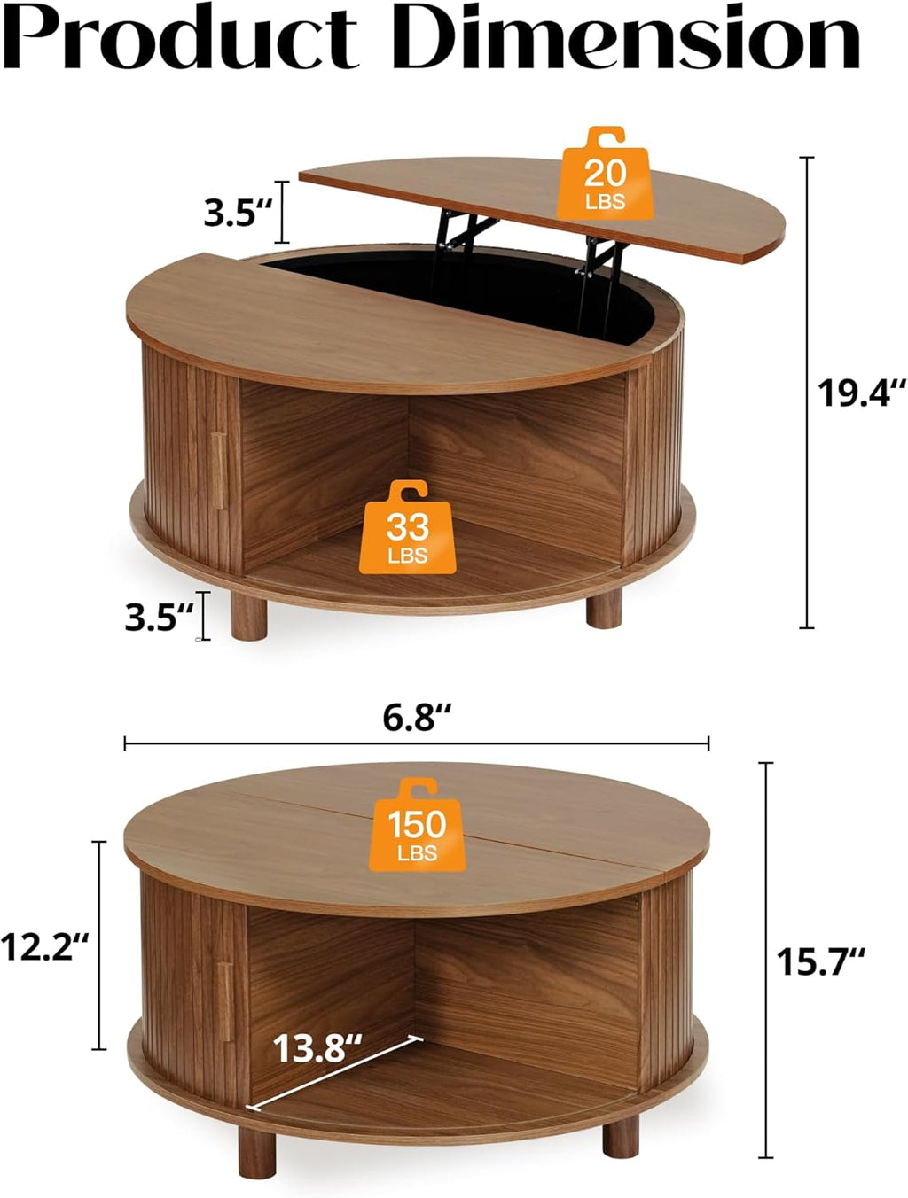 Round Lift Top Coffee Table with Storage, Mid Century Modern Center Table with 180° Sliding Tambour Door, Small Circle Wood Fluted Dining Table for Living Room, Walnut