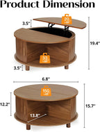 Round Lift Top Coffee Table with Storage, Mid Century Modern Center Table with 180° Sliding Tambour Door, Small Circle Wood Fluted Dining Table for Living Room, Walnut