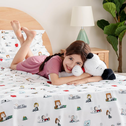 Berkshire Blanket Peanuts® Kids Sheet Set, Full Size - 4 Pieces, Peanuts® Mini Poses and Paws Grey, Cute Character Snoopy Printed Soft Microfiber Bed Sheets