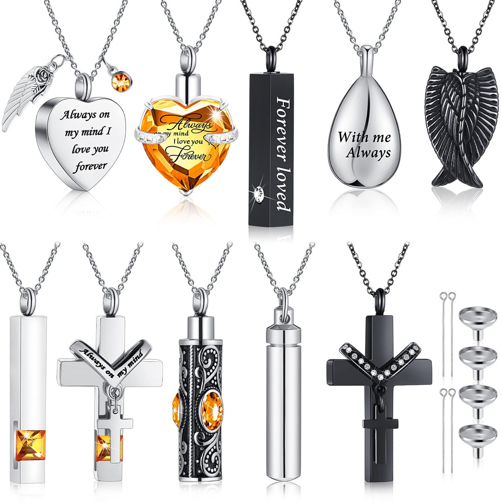 Jexine 10 Pcs Urn Necklace For Ashes Cremation Jewelry Wings Tear Drop Cross Crystal Ashes Necklace Stainless Steel Zircon Memorial Locket Vertical Bar Heart Waterproof Keepsake For Men