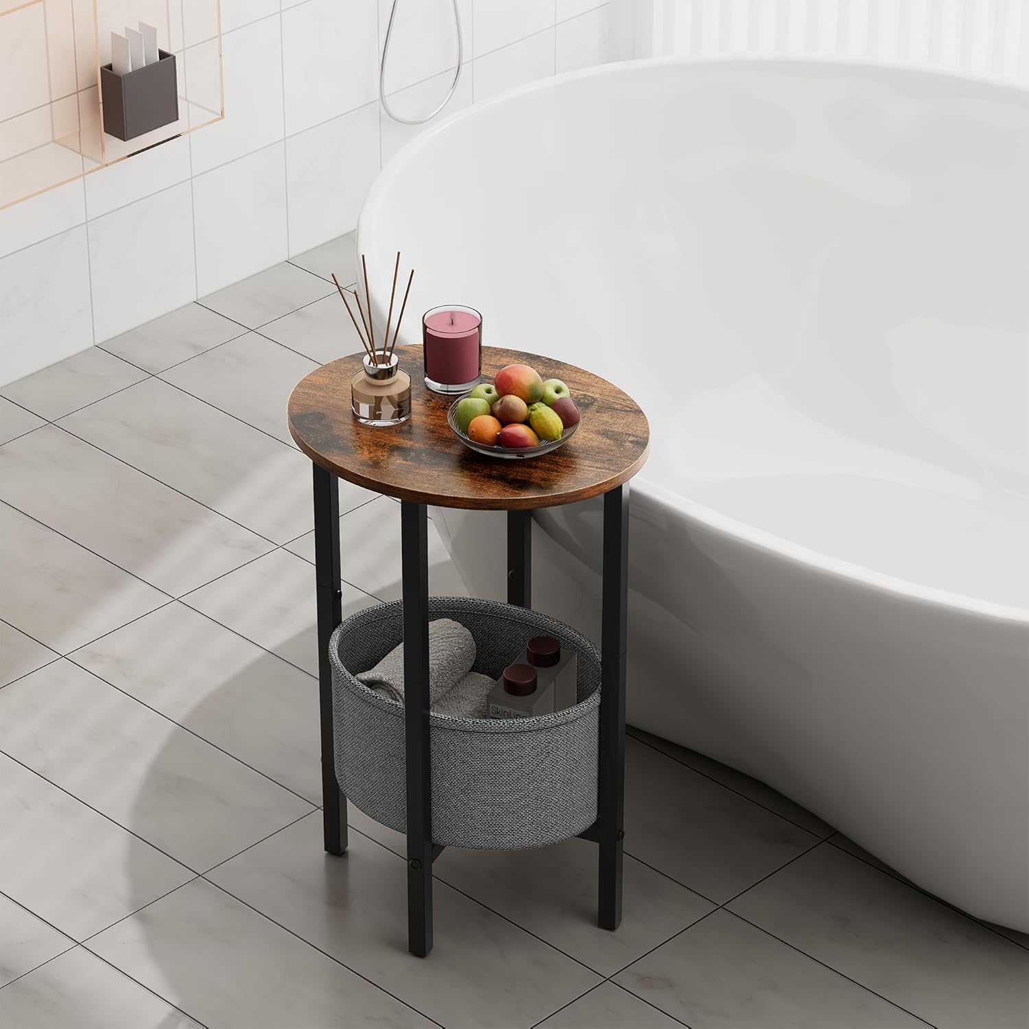 Vagusicc Round Side Table End Table with Storage Basket, Small Side Table Round Nightstand for Small Spaces, Tall Oval End Table with Steel Frame, Coffee Bedside Table for Living Room, Rustic Brown