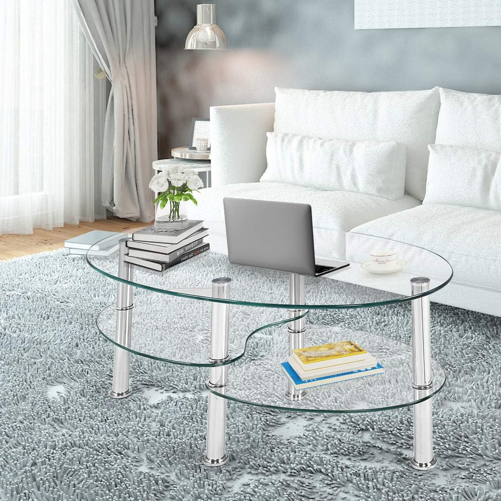 S AFSTAR Glass Coffee Table, 3-Tier Modern Oval Smooth Glass Tea Table Center Table End Table with Open Storage Shelf,Sturdy Steel Legs for Living Room,Home,Office,Cocktail Tea Table (Clear)