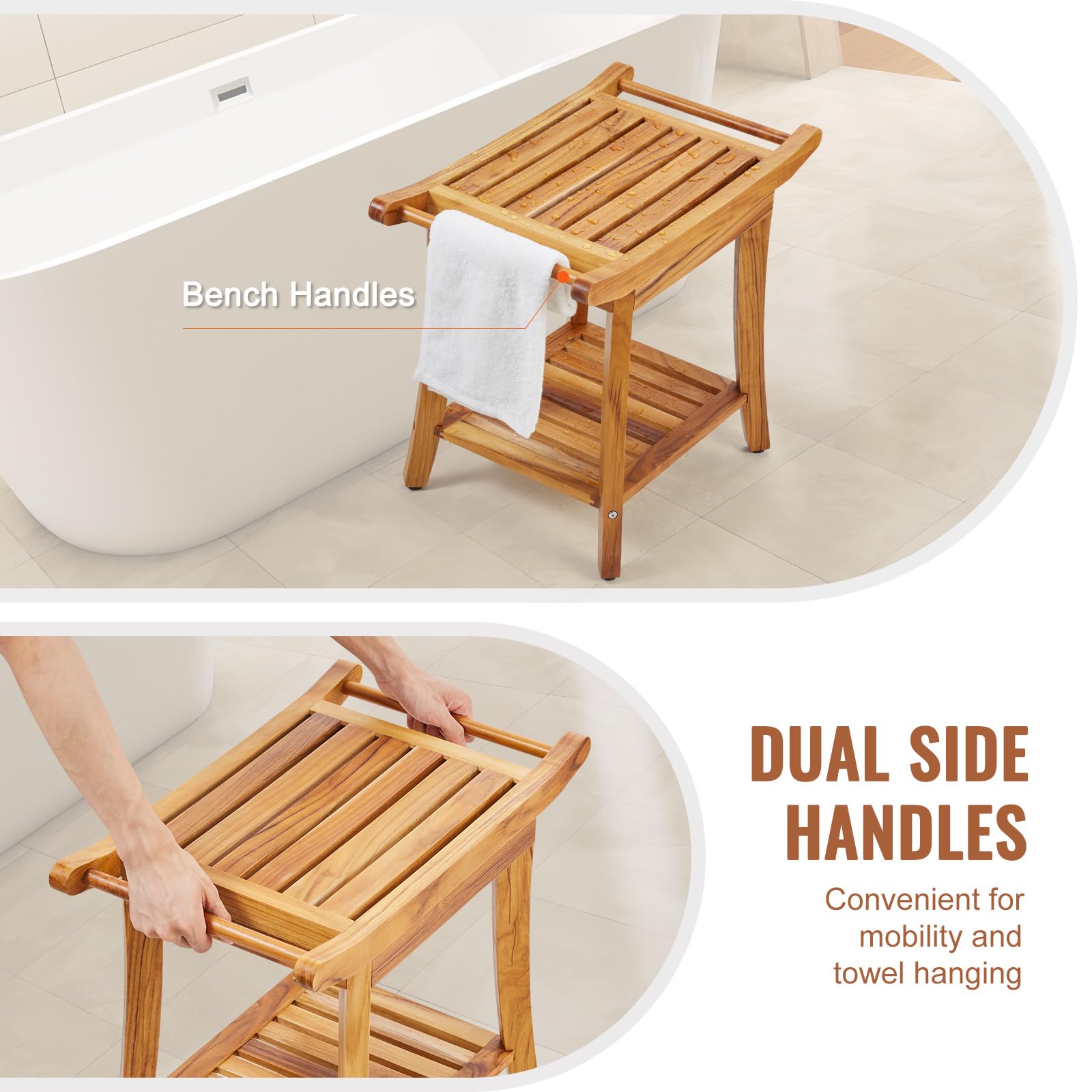 VEVOR Teak Shower Bench, 22 x 14.4 x 18.5 in, Waterproof Wood Shower Stool with Storage Shelf Handle Non-Slip Feet, 300 lbs Maximum Load Capacity Shower Chair Seat, for Bathroom Indoor and Outdoor Use